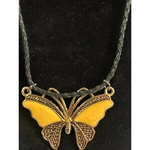 Butterfly Pendant Necklace Yellow Enamel Gold Tone Boho Statement Cord 20”